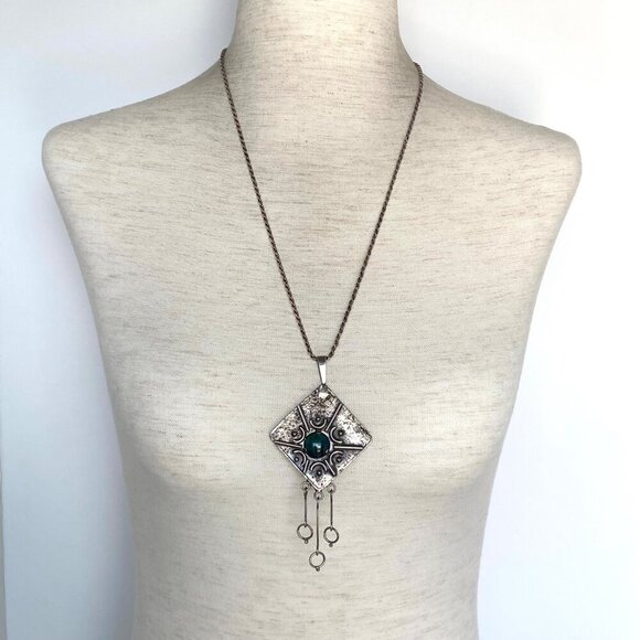 Sterling Silver 925 Israel 4" Modernist Style Eilat Stone Pendant Necklace 24" - Picture 2 of 16